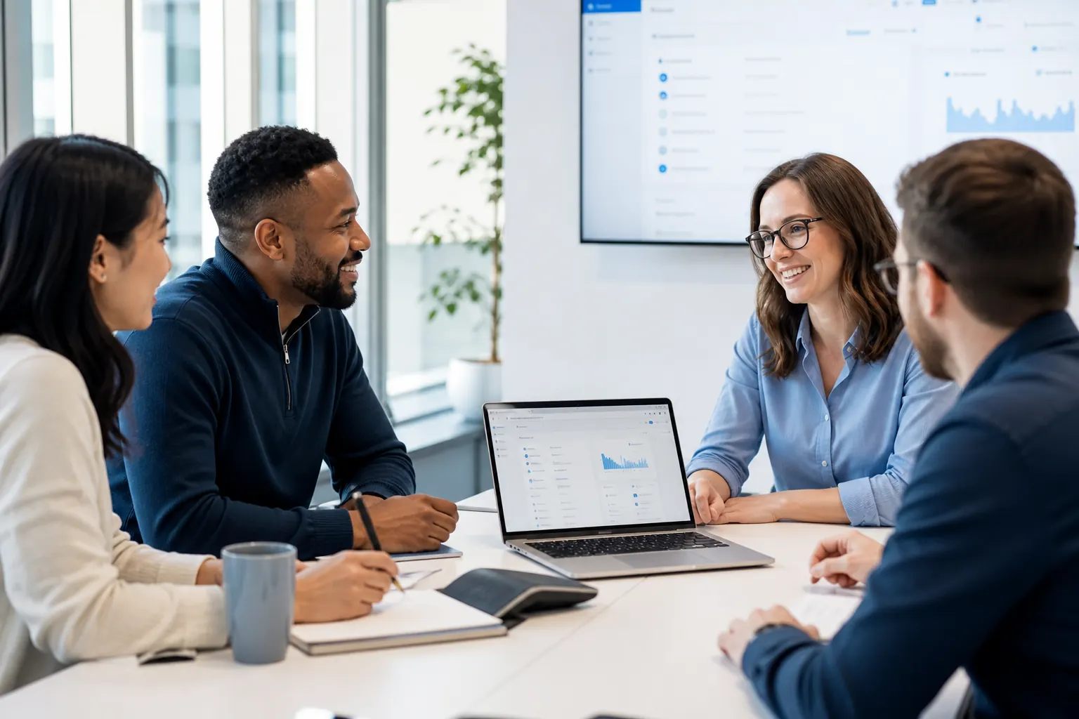 Product team collaborating around a conference table in a bright office