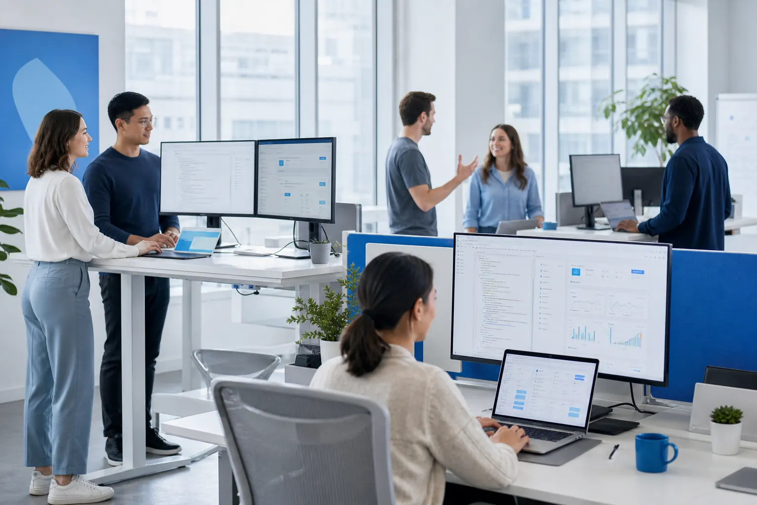 Engineering team collaborating in a modern software office