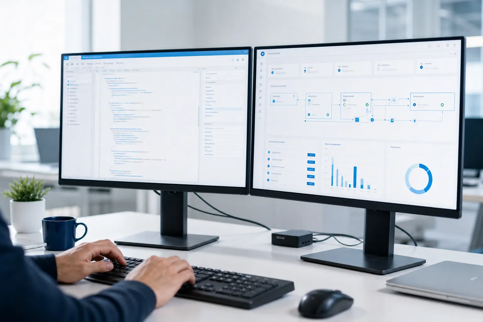 Software engineer working at dual monitors delivering applications