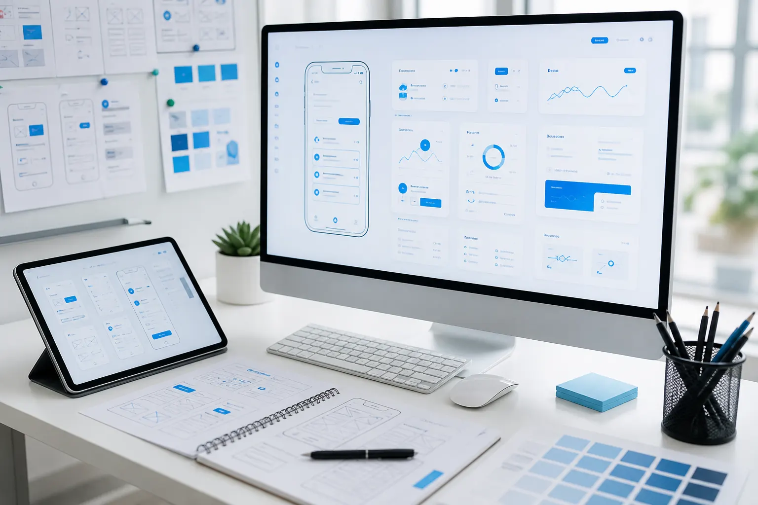 UI design system mockups and wireframes on a designer desk