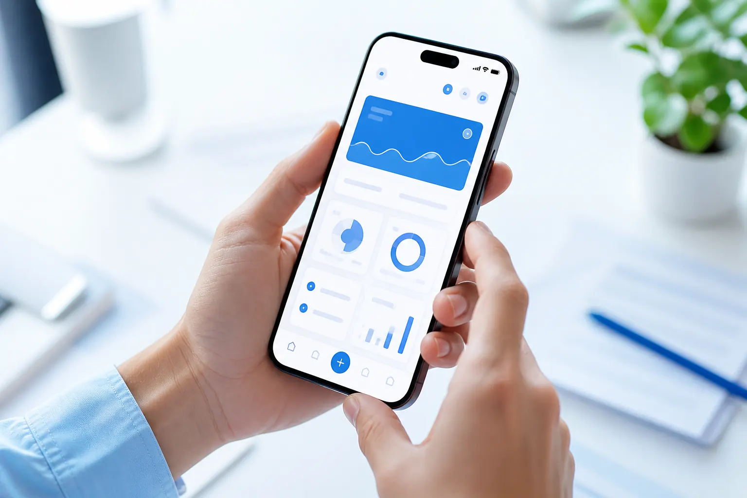 Mobile app screens on a smartphone for cross-platform development